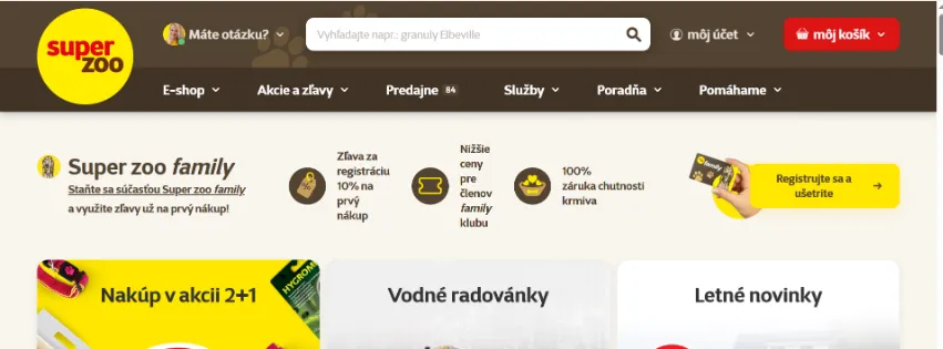 Úvodná stránka e-shopu Superzoo.sk s širokou ponukou krmív, hračiek a chovateľských potrieb pre psy, mačky, hlodavce, vtáky a akvaristiku