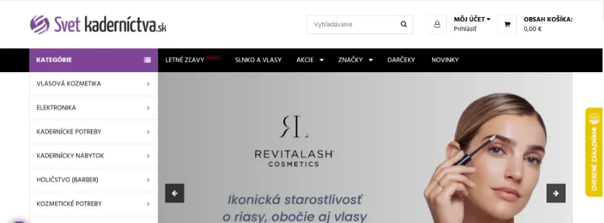 Úvodná stránka e-shopu Svetkadernictva.sk s ponukou kaderníckeho vybavenia, nábytku a vlasovej kozmetiky pre profesionálov aj domácich používateľov