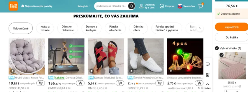 Úvodná stránka e-shopu Temu.com s rôznymi kategóriami produktov, ako sú oblečenie, elektronika, domáce potreby a doplnky