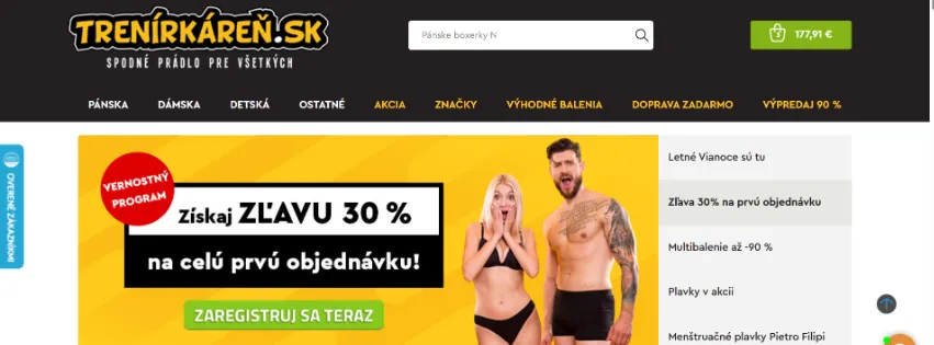 Úvodná stránka e-shopu Trenírkáreň.sk so širokým výberom dámskej, pánskej a detskej spodnej bielizne, pyžám a ponožiek