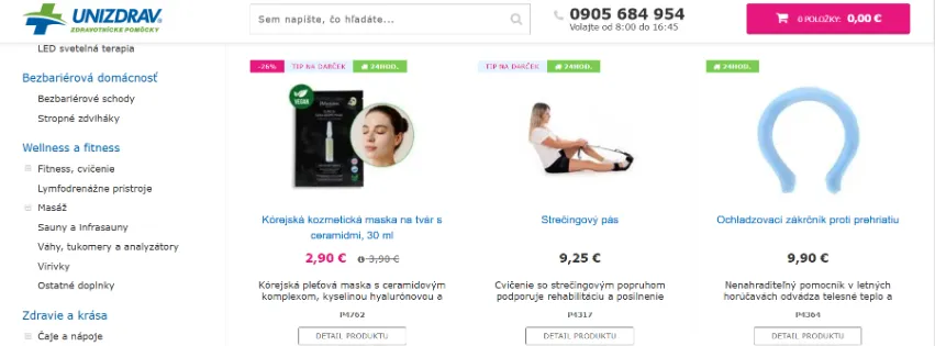 Úvodná stránka e-shopu Unizdrav.sk s ponukou zdravotníckych pomôcok, ortopedických produktov a rehabilitačných zariadení