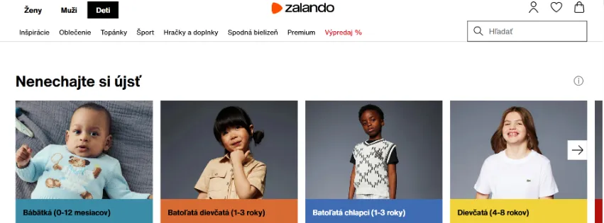 Úvodná stránka e-shopu Zalando.sk s ponukou športového oblečenia, obuvi a doplnkov pre ženy, mužov a deti