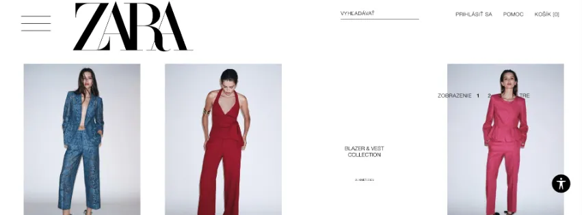 Úvodná stránka e-shopu ZARA.com s aktuálnymi kolekciami dámskej, pánskej a detskej módy, obuvi a doplnkov