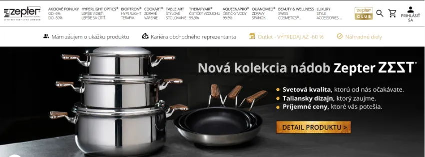 Úvodná stránka e-shopu Zepter.sk s exkluzívnymi produktmi ako čističky vzduchu, čističky vody, BIOPTRON svetelná terapia a Master Cookware
