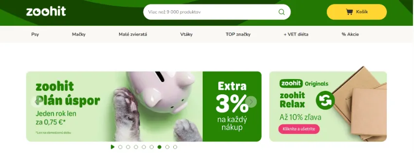 Úvodná stránka e-shopu zoohit.sk s ponukou krmív, hračiek a potrieb pre psy, mačky a malé zvieratá