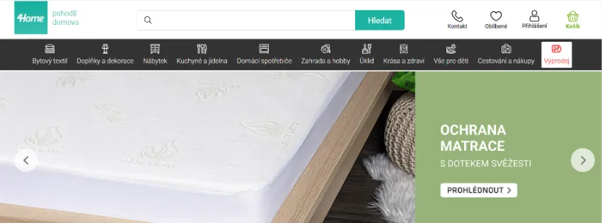 Úvodní stránka e‑shopu 4Home.cz s nabídkou nábytku, dekoračních doplňků a kuchyňských potřeb