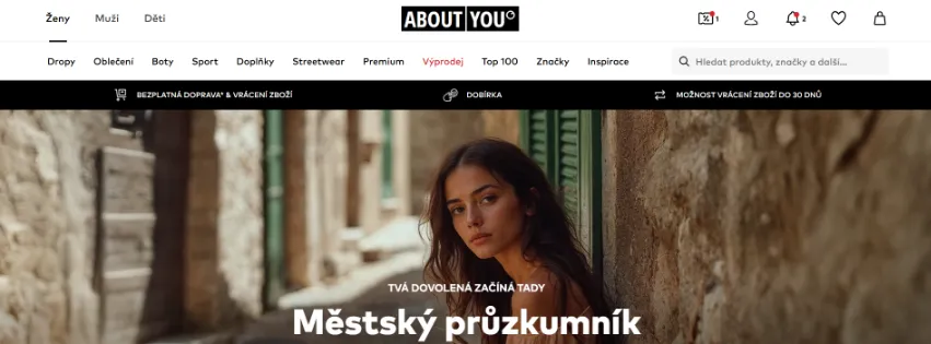 Úvodní stránka e‑shopu AboutYou.cz s širokou nabídkou módy, obuvi a doplňků pro ženy, muže i děti
