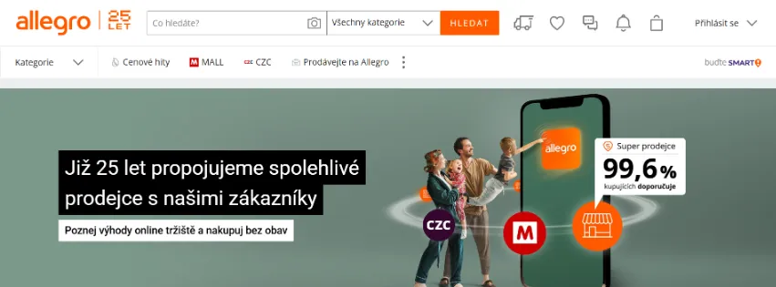 Úvodní stránka e‑shopu Allegro.cz s širokou nabídkou elektroniky, domácích potřeb a akčních produktů