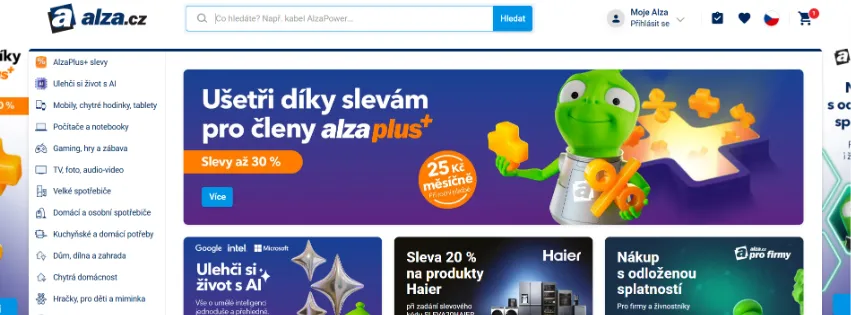 Úvodní stránka e-shopu Alza.cz s elektronikou, domácími spotřebiči, hračkami a počítači