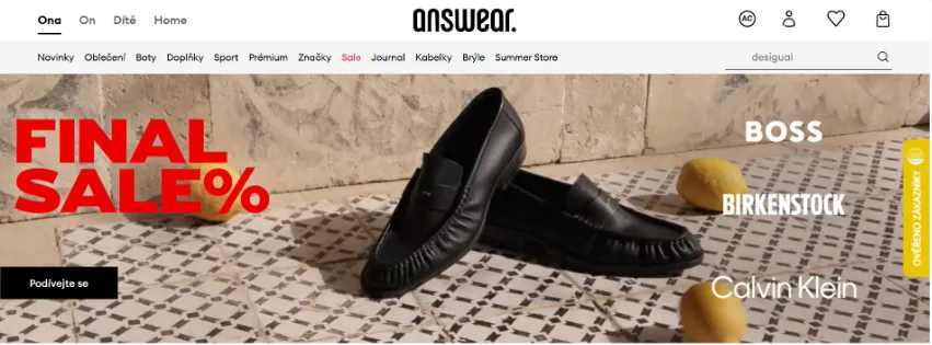 Úvodní stránka e-shopu Answear.cz s módními kolekcemi, obuví a doplňky od značek jako Tommy Hilfiger, Guess, Calvin Klein
