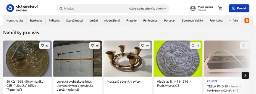 Úvodní stránka e‑shopu Aukro.cz s širokou nabídkou aukčních i běžných položek napříč kategoriemi