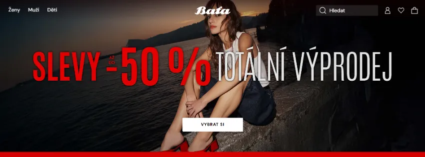 Úvodní stránka e‑shopu Bata.com s širokou nabídkou obuvi, módních doplňků a rodinných kolekcí