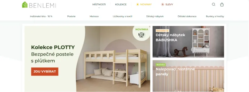 Úvodní stránka e-shopu Benlemi.cz s designovým nábytkem pro děti i dospělé, včetně postelí, skříní a dekorací.