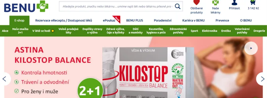 Úvodní stránka e-shopu BENU.cz s nabídkou léků, doplňků stravy, kosmetiky a zdravotnických potřeb