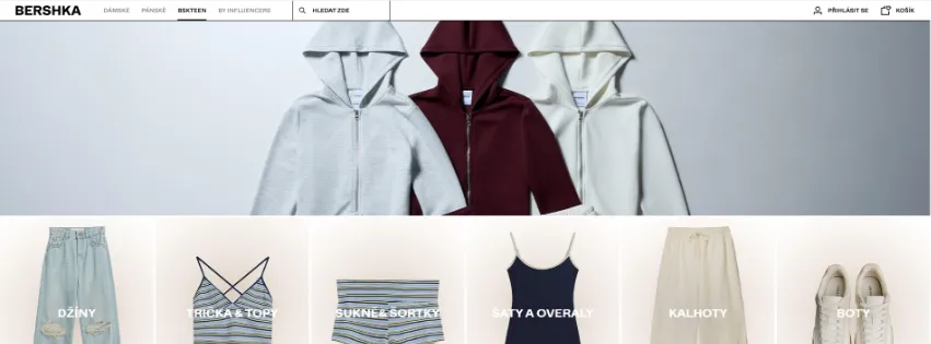 Úvodní stránka e-shopu Bershka.com s trendy dámskou a pánskou módou, obuví a doplňky pro mladé