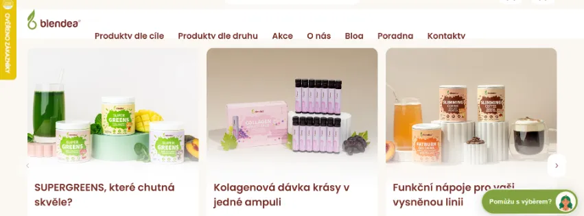 Úvodní stránka e-shopu Blendea.cz s BIO superpotravinami, vitamíny a doplňky stravy pro podporu imunity, trávení a energie