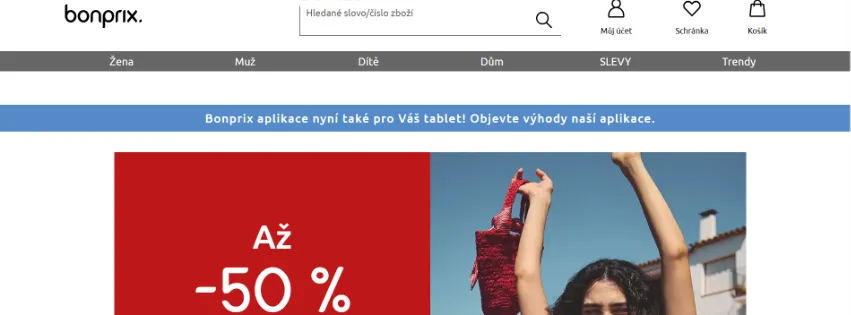 Úvodní stránka e-shopu Bonprix.cz s dámskou, pánskou a dětskou módou, obuví a bytovými doplňky
