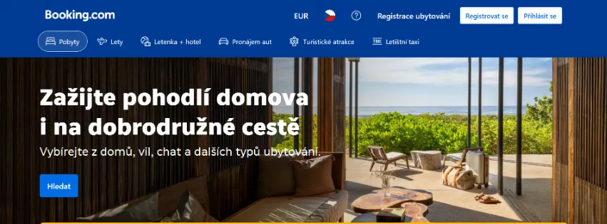 Úvodní stránka e-shopu Booking.com s nabídkou hotelů, letenek, aut a zážitků na jednom místě