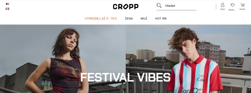Úvodní stránka e-shopu Cropp.com s pánskou a dámskou streetwear módou, obuví a doplňky