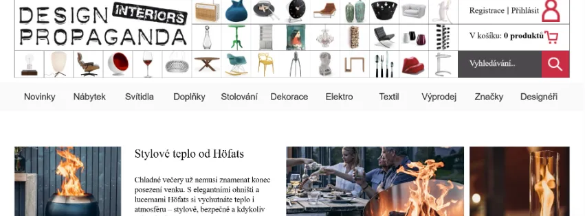 Úvodní stránka e-shopu Designpropaganda.cz s moderním nábytkem, designovými svítidly a interiérovými doplňky pro domácnosti i kanceláře