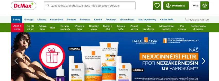 Úvodní stránka e-shopu DrMax.cz s léky, doplňky stravy, kosmetikou a zdravotnickými potřebami pro zdraví a krásu
