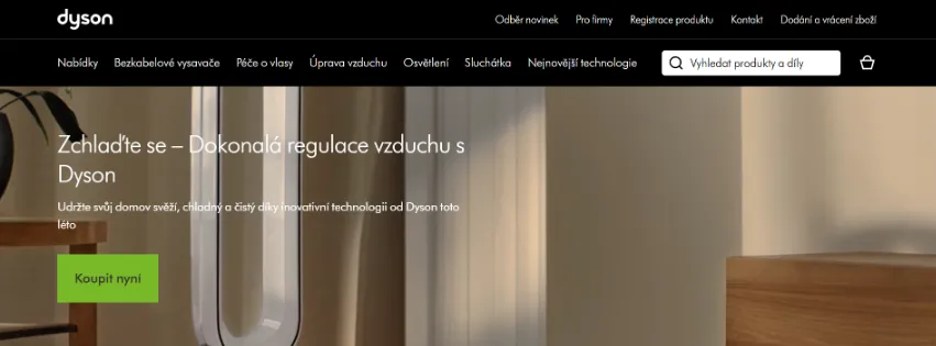 Úvodní stránka e-shopu Dyson.cz s bezdrátovými vysavači, čističkami vzduchu a produkty pro péči o vlasy