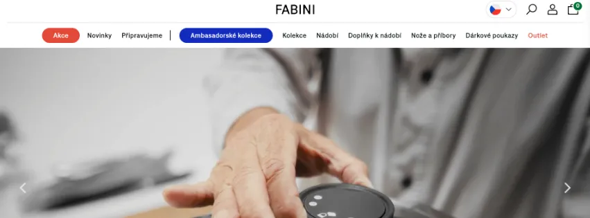Úvodní stránka e-shopu Fabini.cz s prémiovým nádobím, pánvemi, hrnci a kolekcemi od českých designérů