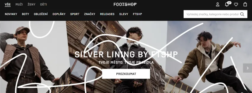 Úvodní stránka e‑shopu Footshop.cz s širokou nabídkou tenisek, streetwearu a limitovaných edicí obuvi