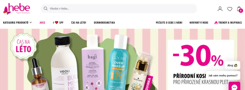 Úvodní stránka e‑shopu Hebe.com s nabídkou dermokosmetiky, parfémů, korejské a přírodní kosmetiky