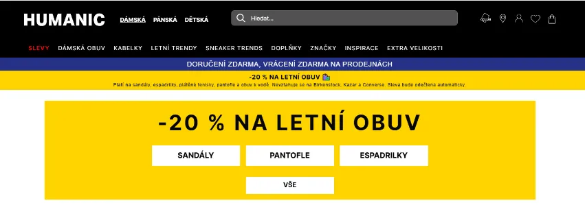 Úvodní stránka e‑shopu Humanic.net s dámskou, pánskou i dětskou módní obuví a doplňky značek Tommy Hilfiger, Guess, Nike