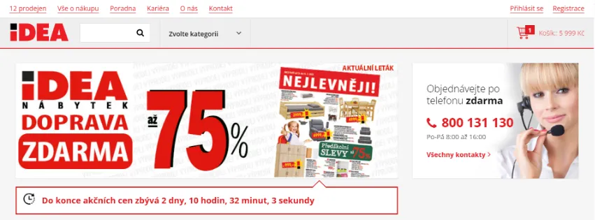 Úvodní stránka e‑shopu Idea‑nabytek.cz s širokým výběrem nábytku do obývacího pokoje, ložnice a kanceláře