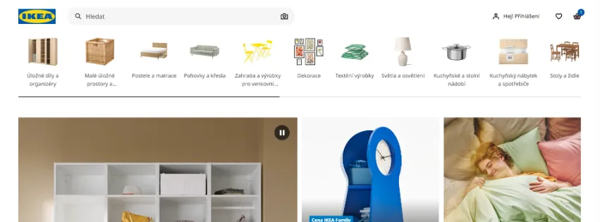 Úvodní stránka e-shopu IKEA.com s nábytkem, bytovými doplňky, kuchyňským zbožím a osvětlením