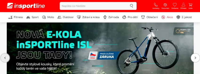 Úvodní stránka e‑shopu inSPORTline.cz s fitness vybavením, sportovními doplňky a outdoor produkty