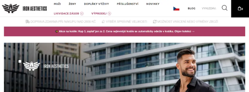 Úvodní stránka e-shopu IronAesthetics.cz s pánským a dámským fitness oblečením, včetně triček, mikin, tepláků a doplňků