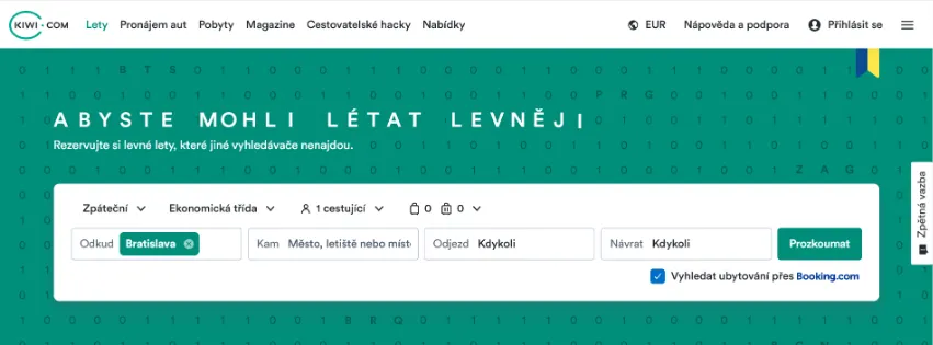 Úvodní stránka Kiwi.com s vyhledávačem levných letenek, hotelů a pronájmu aut s ochranou při narušení cesty