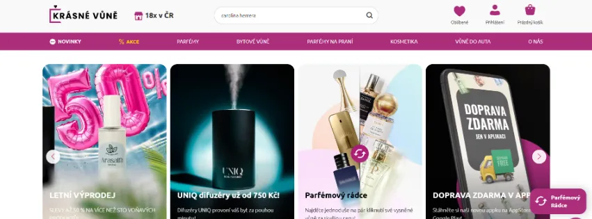 Úvodní stránka e-shopu KrasneVune.cz s parfémy inspirovanými světovými vůněmi a širokou nabídkou bytových vůní
