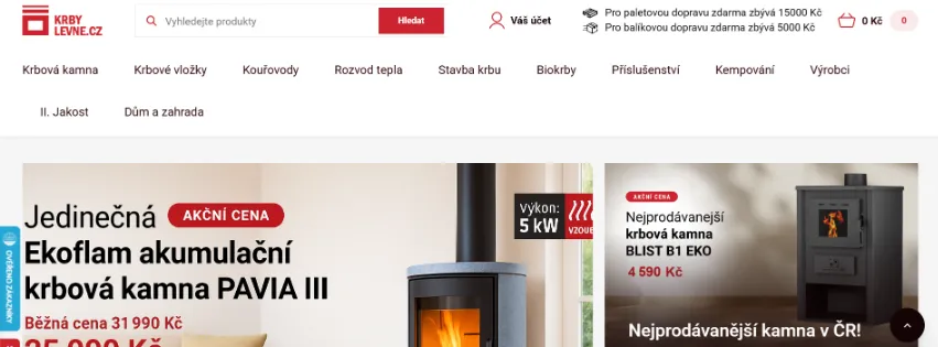 Úvodní stránka e-shopu Krbylevne.cz s širokým výběrem krbových kamen, vložek a příslušenství za výhodné ceny