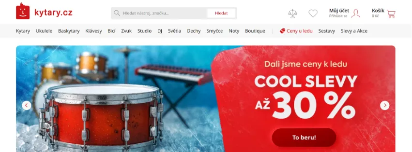 Úvodní stránka e-shopu Kytary.cz s širokou nabídkou kytar, baskytar, kláves, bicích a zvukové techniky pro muzikanty všech žánrů