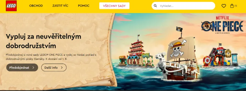 Úvodní stránka e-shopu LEGO.com s širokou nabídkou LEGO® stavebnic, tematických setů a dárků pro děti i dospělé