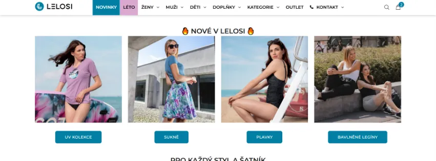 Úvodní stránka e-shopu Lelosi.cz s pohodlným a stylovým dámským oblečením, včetně legín, topů a šatů