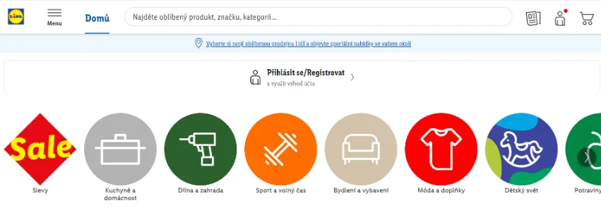 Úvodní stránka e-shopu Lidl.cz s akčními nabídkami potravin, domácí elektroniky, módy a zahradního vybavení