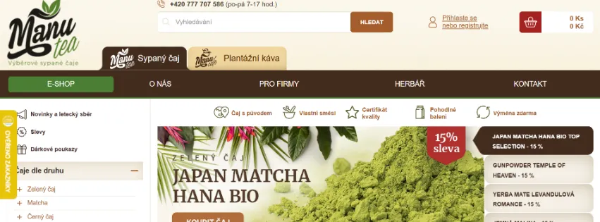Úvodní stránka e-shopu ManuTea.cz s širokou nabídkou sypaných čajů, bylin a čajového příslušenství pro čajové nadšence