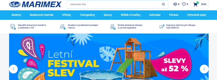 Úvodní stránka e-shopu Marimex.cz s bazény, vířivkami a zahradní technikou pro volný čas
