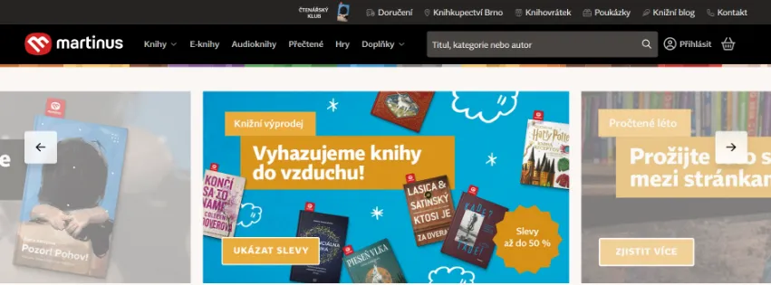 Úvodní stránka e-shopu Martinus.cz s širokou nabídkou knih, e-knih, audioknih a doplňků pro čtenáře všech věkových kategorií