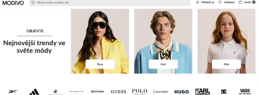 Úvodní stránka e-shopu Modivo.cz s dámskou, pánskou a dětskou módou od značek jako Tommy Hilfiger, Guess, Calvin Klein a Vans