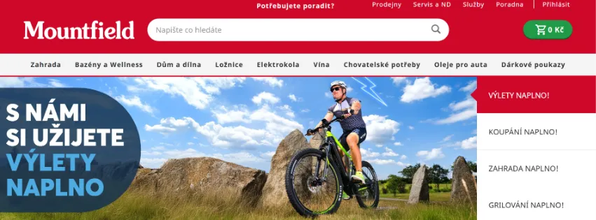 Úvodní stránka e-shopu Mountfield.cz s širokou nabídkou zahradní techniky, nábytku a bazénů pro vaši zahradu