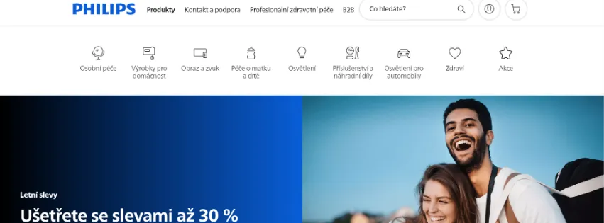 Úvodní stránka e-shopu Philips.cz s nabídkou osobní péče, domácích spotřebičů a elektroniky pro moderní domácnost