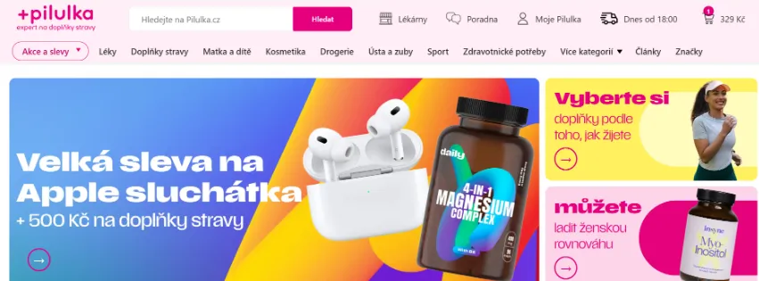 Úvodní stránka e-shopu Pilulka.cz s širokou nabídkou léků, doplňků stravy, kosmetiky a zdravotnických potřeb