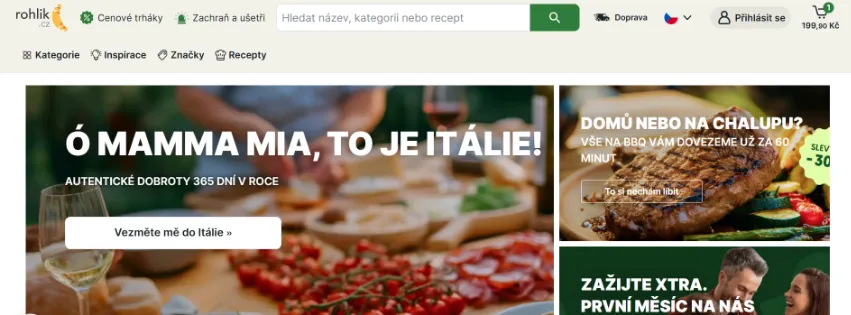Úvodní stránka e‑shopu Rohlik.cz s online supermarketem, čerstvým ovocem, zeleninou, drogérií a doplňky