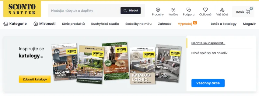 Úvodní stránka e-shopu Sconto.cz s nábytkem, sedacími soupravami, ložnicovým a jídelním vybavením